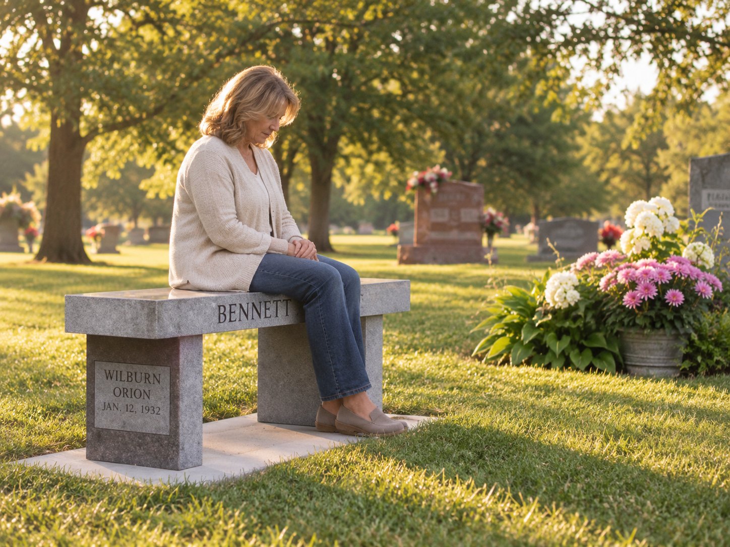 Granite memorial bench with carved lettering set on cemetery grass beneath shade trees.