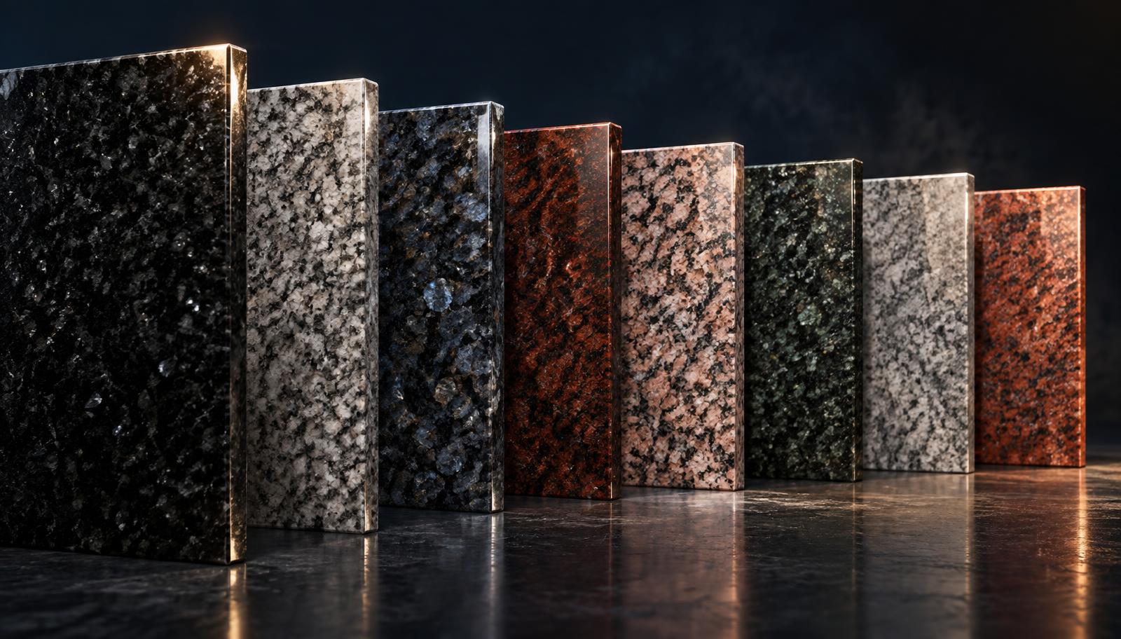 A dramatic showcase of polished memorial granite samples in a range of colors — black, gray, blue pearl, mahogany, pink, green, and warm red