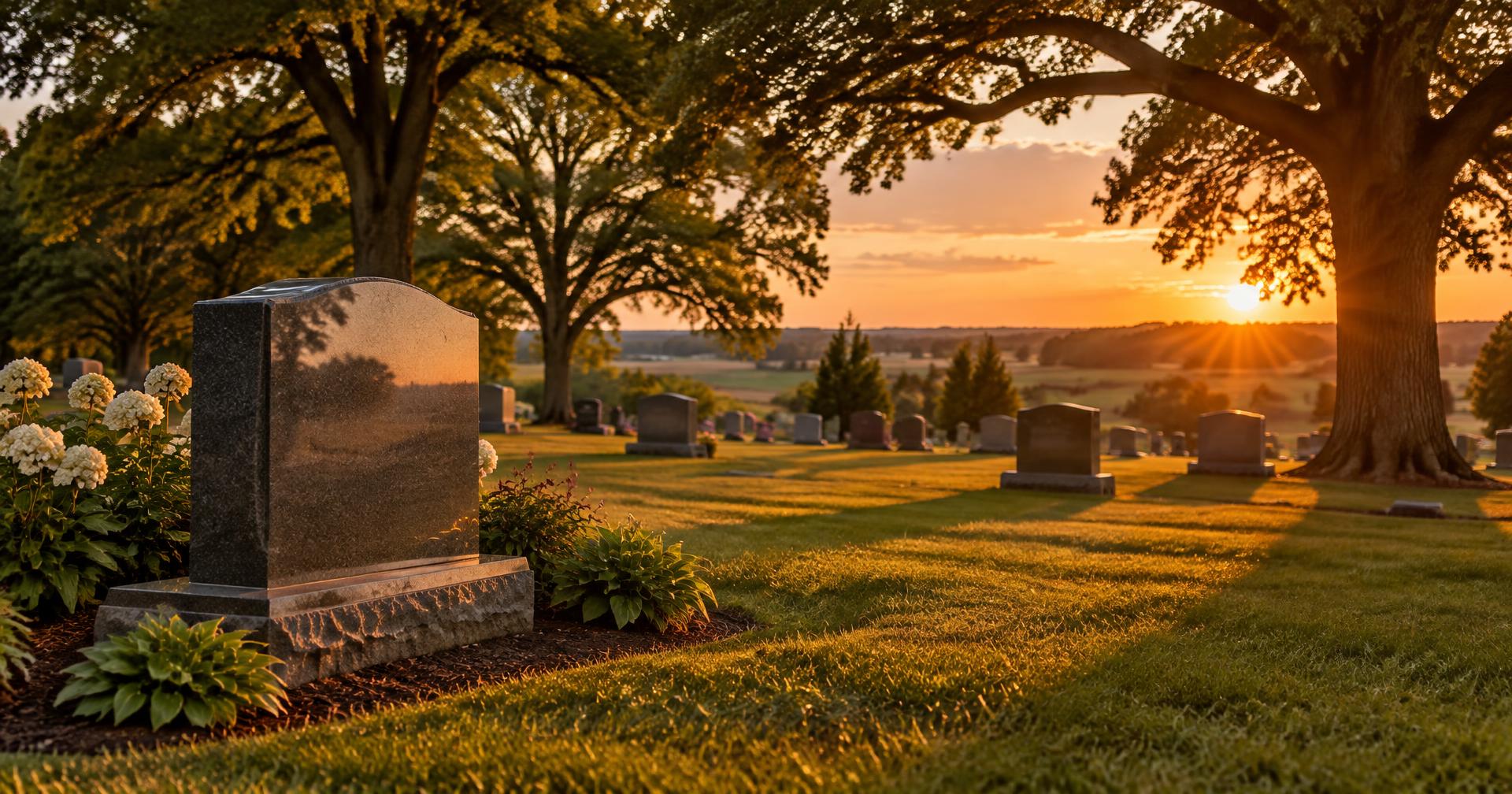 An Iowa cemetery at golden hour, with a polished granite upright memorial standing beneath old oak trees.