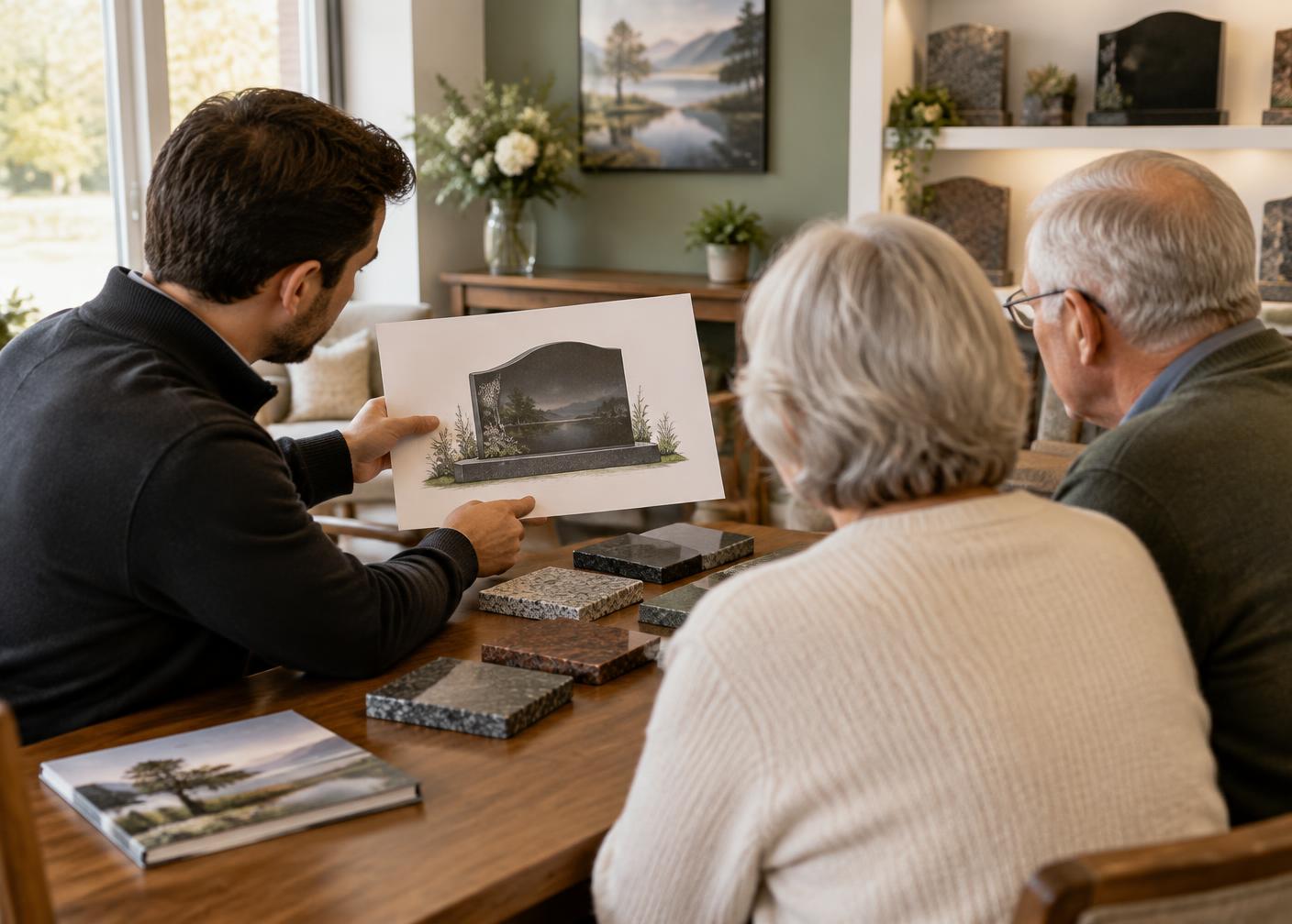 A family seated with a Watts designer, looking over a memorial drawing and granite color samples.