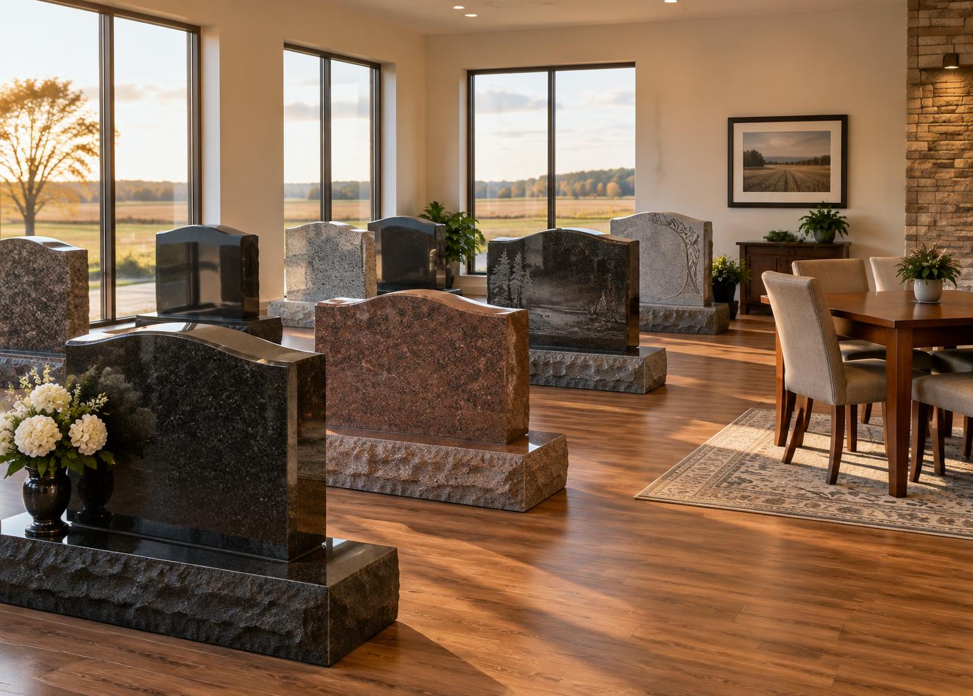 Inside a Watts showroom: rows of polished granite headstones in grey, black and mahogany standing on a wood floor beside tall windows.
